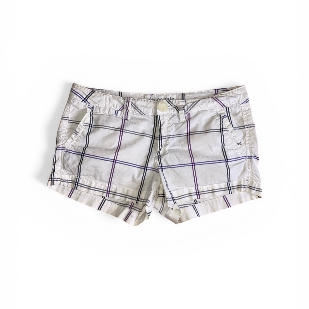 Aéropostale Stretch Y2K White Purple Grey Plaid Shorts, Size 5/6 (S)